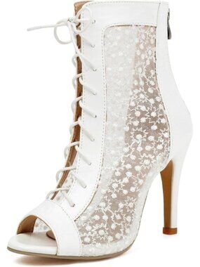 Women Lace Up Dance Heels Sparkle Sequin Mesh Booties Peep Toe Stiletto Shoes